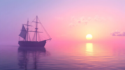 Spectacular seascape with a majestic sailing ship silhouetted against a vibrant sunset