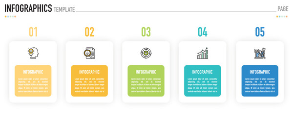 Rectangular infographic template or element with 5 step, process, option, colorful rectangle, icons, triangle, paper origami, button, tag, circle, circular, square bar for sale slide, internet planner