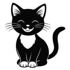 A cute black and white cartoon kitten, a funny feline pet illustration with a happy tail