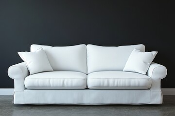 Naklejka premium Modern white couch against a dark colored wall background