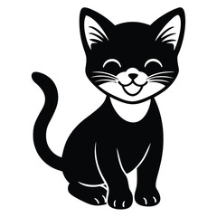 A cute black cartoon kitten vector illustration shows a funny feline pet sitting with its tail