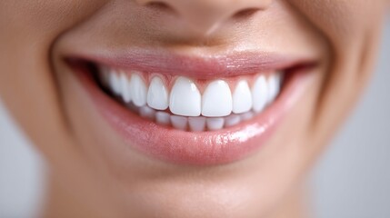 A close-up reveals a perfect smile showcasing bright, white teeth and healthy lips.