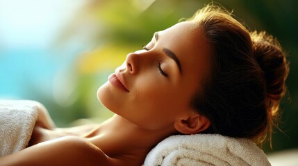 A relaxed woman enjoys a moment of peace and tranquility at a spa, eyes gently closed.