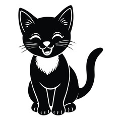A cute cartoon kitty, a black feline vector illustration, sits happily with its tail