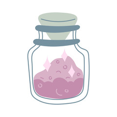 magic powder in a sealed glass jar. Flat color illustration. Suitable for projects in the genre of fantasy and magic. It can be used in books, games, create an atmosphere of mystical potion alchemy.