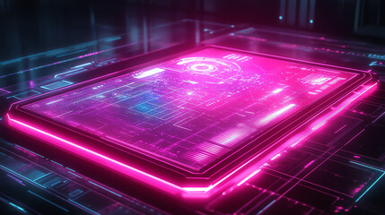 Futuristic holographic UI display with neon pink & cyan glow, floating tech elements, digital grid lines, and cybernetic texture in ultra HD. Perfect for sci-fi, tech, and cyberpunk themes.