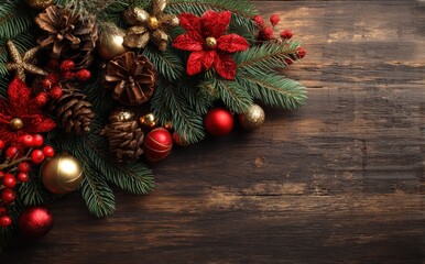 Festive Christmas arrangement with pine branches, ornaments, pinecones, and poinsettias on a rustic wooden background.