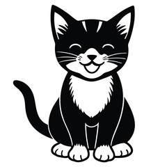 A cute black cartoon kitten vector illustration shows a happy feline pet sitting with a bow