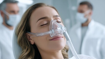 A serene patient wears an oxygen mask, receiving medical care in a healthcare environment.