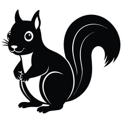 A cute cartoon squirrel, a furry mammal with a bushy tail, holds both a nut and an acorn on a branch in a vector illustration