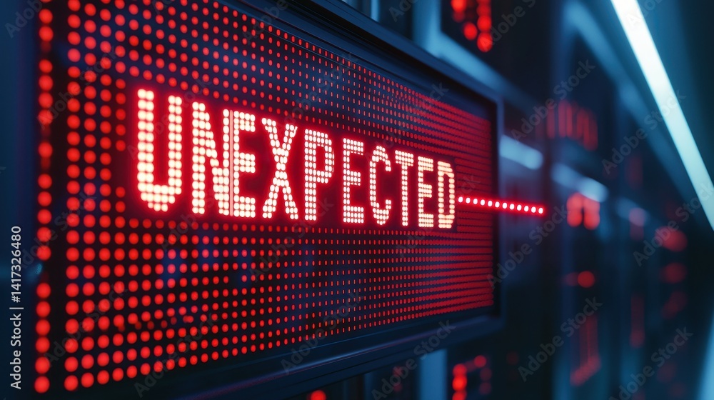 Poster red digital display sign with the word unexpected in bold text