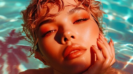Close-up of a beautiful woman in a pool, glowing with makeup, kissed by warm sunlight.