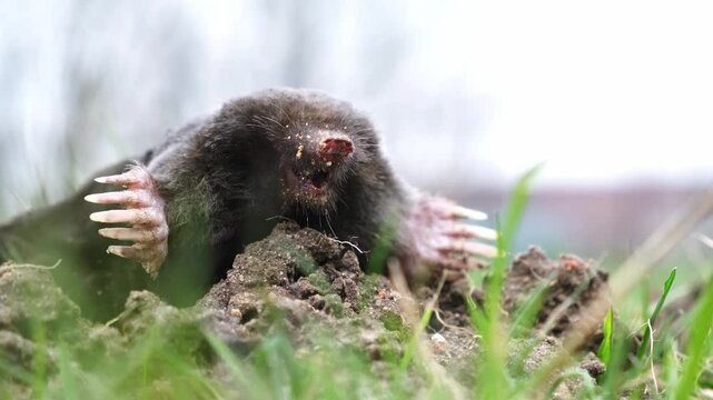 A mole is on the surface of molehill among green grass in the garden. Talpa europaea side view close-up. Dead animal with black fur. Garden pest concept. Lawn saving problems. High quality 4k footage.