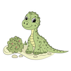 Cute funny dinosaur, children's illustration in flat cartoon style. Perfect for children's educational and play projects, coloring book, print, greeting card