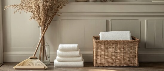 Clean Towels in Basket, Stylish Interior