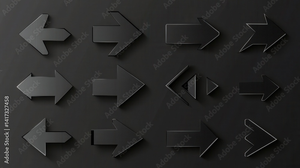 Poster set of black arrow icons. various packaging symbols. motion pointers. site and player control button