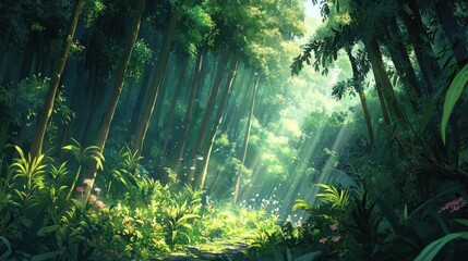Sunlight Filtering Through Lush Green Forest Illuminates Trees and Foliage in a Peaceful Atmosphere