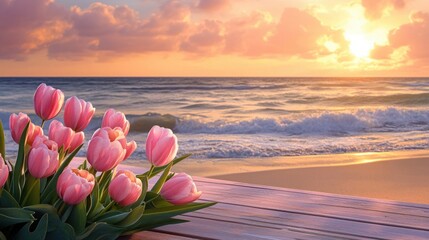 Pink Tulips on Beach Deck at Sunset with Ocean Waves and Pastel Sky in Romantic Coastal Scenery