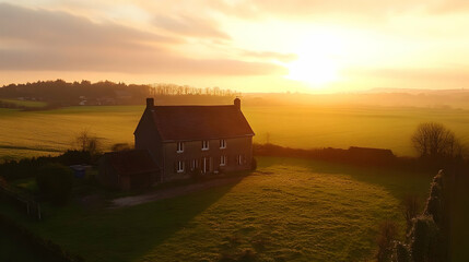 Rural Serenity: A Charming Country House Bathed in the Warm Glow of Sunset