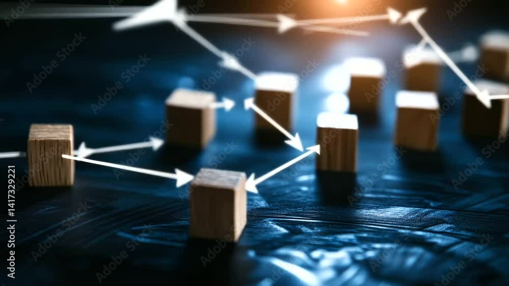 Poster a soft-focus background with wooden blocks arranged in a branching structure, connected by arrows, s