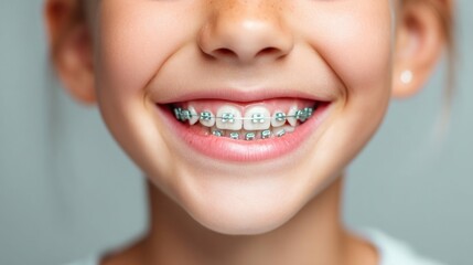 Fototapeta premium A close-up captures a happy girl's smile, showcasing her braces and healthy teeth, beautifully.
