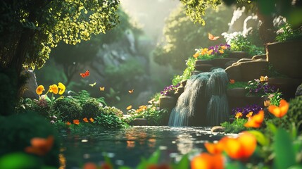 Serene Waterfall Nature Scene with Butterflies and Flowers