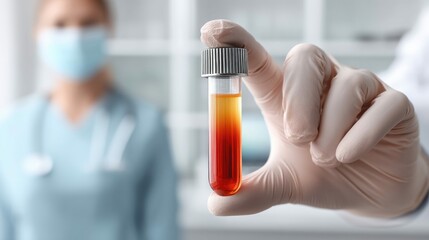 A medical professional holding a blood sample in a transparent tube for medical analysis and research.