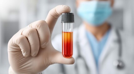 A healthcare worker holds a vial containing a blood sample for medical analysis in a lab setting.