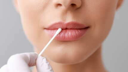 A person's lips being tested by a cotton swab during a skincare procedure in a close-up shot.