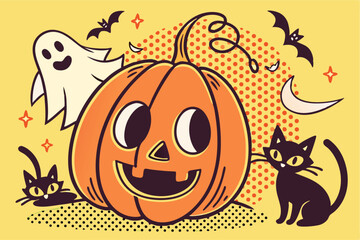 Pop Art Halloween Vector with Smiling Jack-o'-Lantern and Black Cats – Retro Comic Style