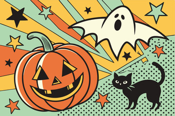 Retro Halloween Scene with Pumpkin, Ghosts, and Comic Patterns – Pop Art Vector
