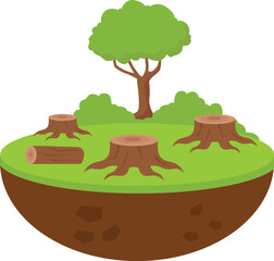 Ecological problem deforestation nature damage with tree stumps in forest vector illustration