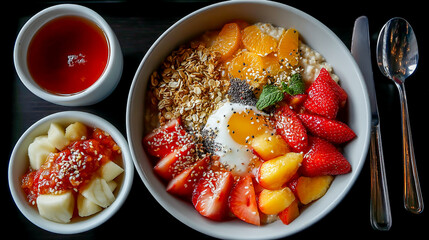 Healthy Oatmeal Bowl Top View With Mixed Fruits Breakfast