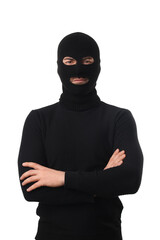 Young man wearing balaclava on white background