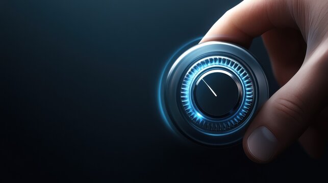 Quality levels knob button. Wireframe hand turning a quality level knob to the maximum position. Quality Improvement Concept. Vector illustration.