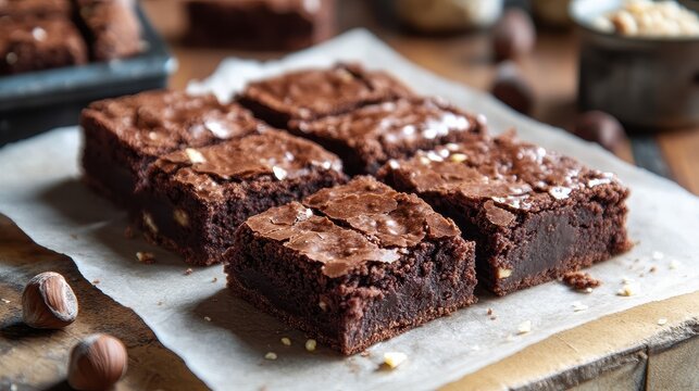 Chocolate brownies with nuts served on a wooden board in a cozy kitchen setting