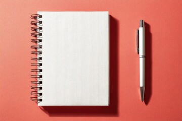 Notebook and Pen on Coral Surface: A close-up shot features an empty notebook lying next to a sleek pen resting on a smooth coral-colored surface, inviting creative expression and documentation.