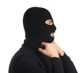 Young man wearing balaclava on white background