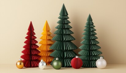 Colorful Paper Christmas Trees with Ornaments on Simple Background
