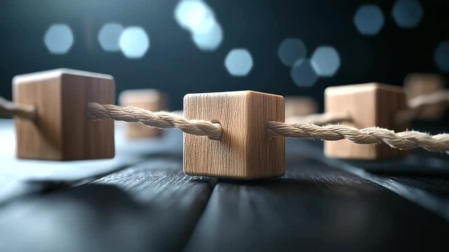 A visually striking, softly-lit image of wooden blocks connected by thin ropes, representing teamwork, unity, and human interaction in a physical, tangible way