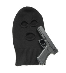 Balaclava with gun on white background