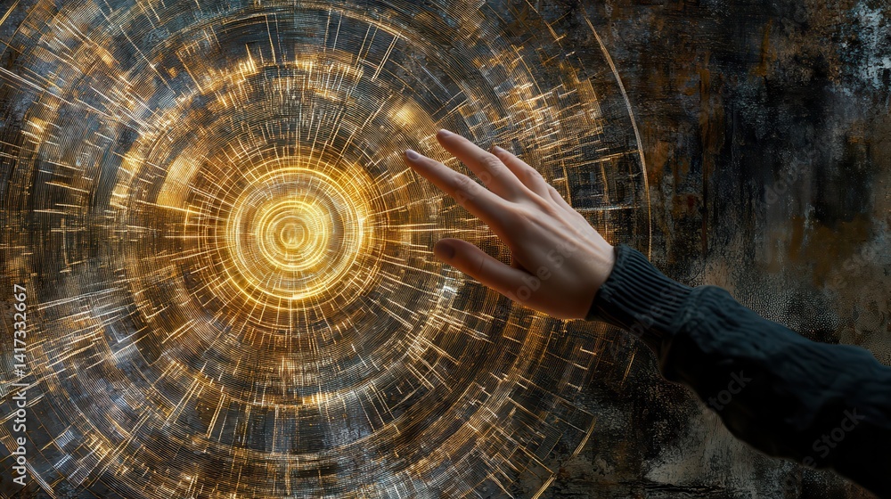 Poster technology abstract background with person hand touching complex circular diagram on virtual screen 