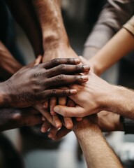 Group of diverse hands joined together in solidarity.