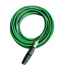 A coiled, vibrant green garden hose with a nozzle attachment, likely used for watering plants or landscaping.