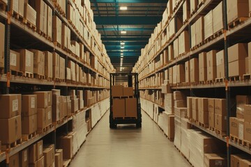 Forklift Navigating Aisles Between Stacked Cardboard Boxes in Warehouse