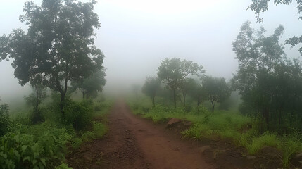 Obraz premium Ethereal woodland path shrouded in mist, a serene journey into nature