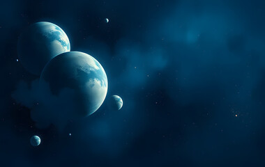 Space painted swirling blue nebula planets and stars. This image is suitable for sci-fi book covers, digital art projects, or space-themed designs.