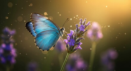 Blue butterfly on lavender under golden sunlight