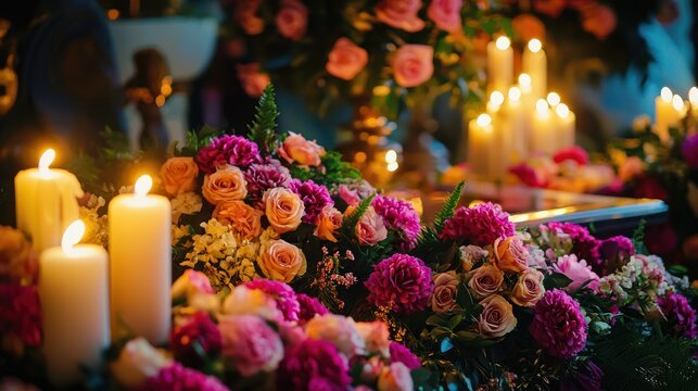Funeral ceremony with a casket surrounded by flowers and candles.