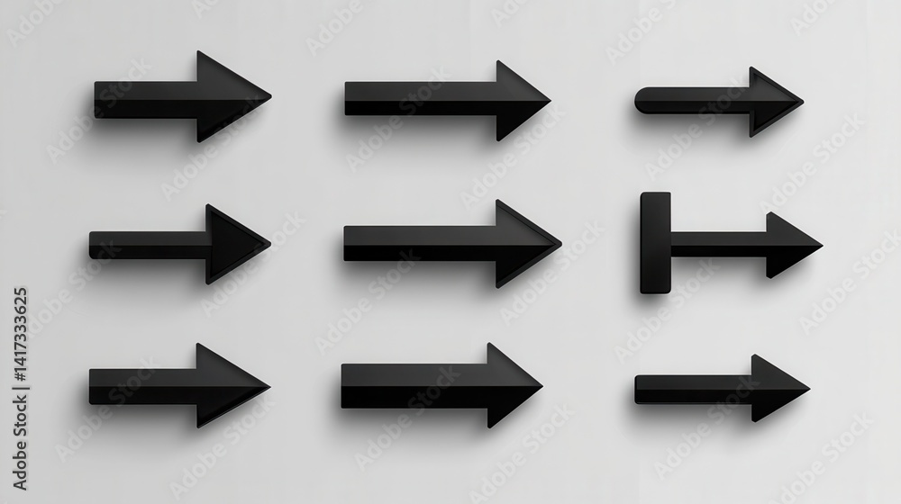 Poster set of black arrow icons. various packaging symbols. motion pointers. site and player control button